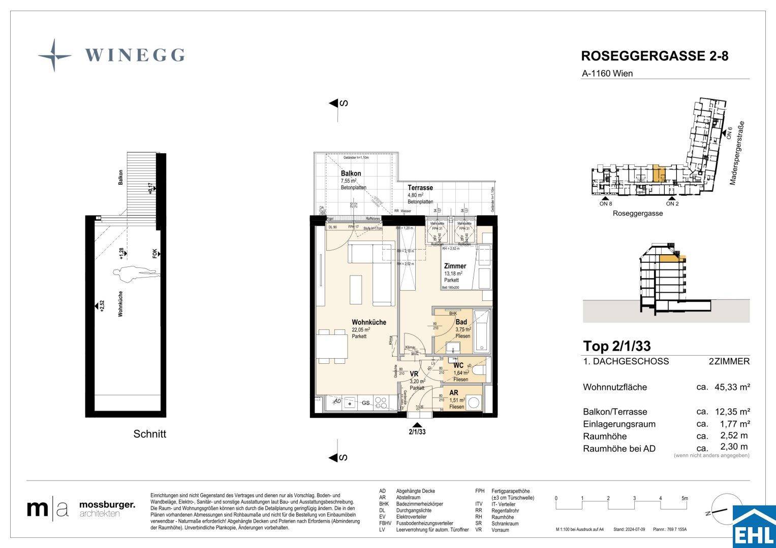 Grundriss einer 2-Zimmer-Wohnung im Dachgeschoss mit offener Wohnküche, Balkon und Terrasse.