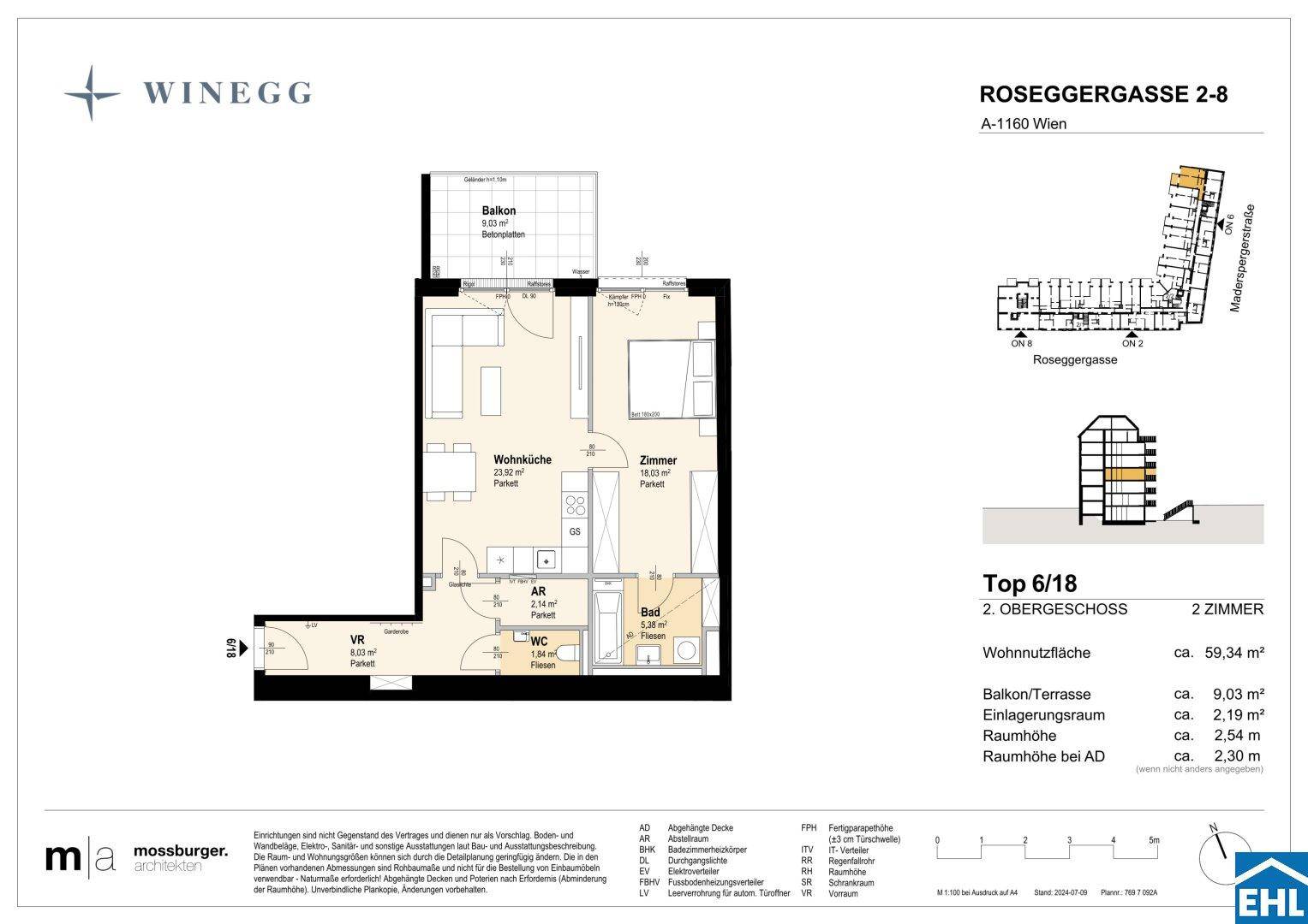 Grundriss einer Wohnung mit offener Wohnküche, einem Schlafzimmer, Bad, separatem WC und Balkon.
