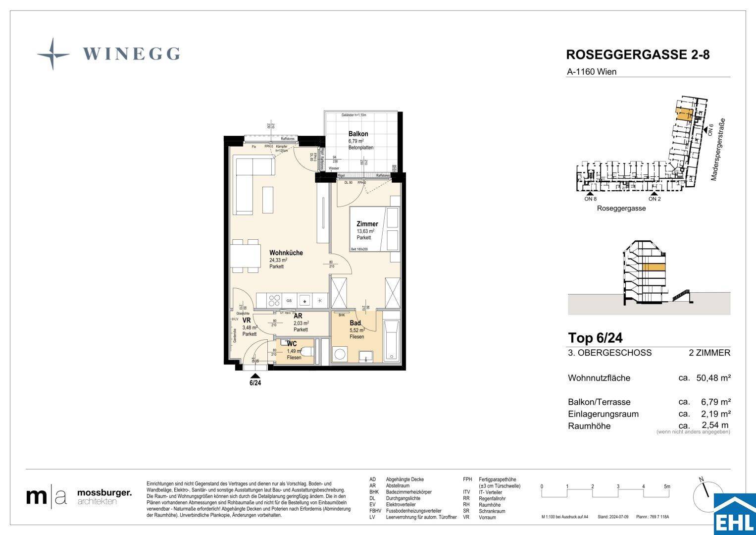 Grundriss einer 2-Zimmer-Wohnung mit offenem Wohn-Essbereich, einem Schlafzimmer, Bad, separatem WC und Balkon.