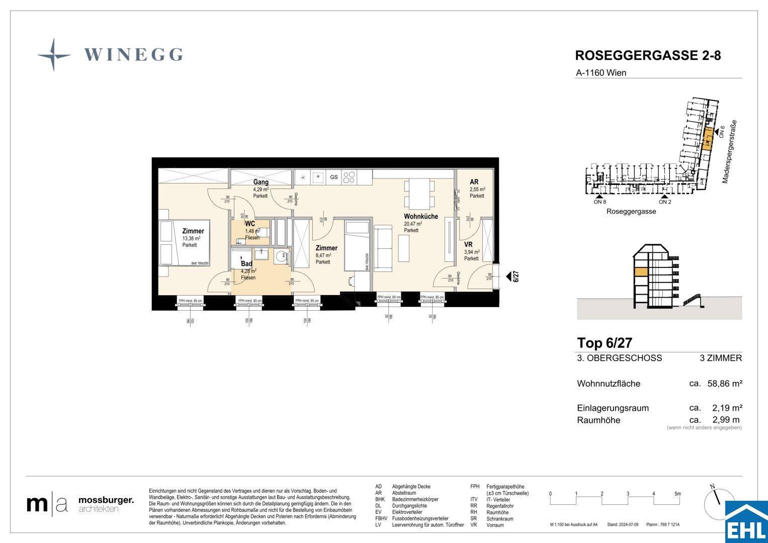 Grundriss einer 3-Zimmer-Wohnung im 3. Obergeschoss mit offener Wohnküche, Parkett und separatem WC.