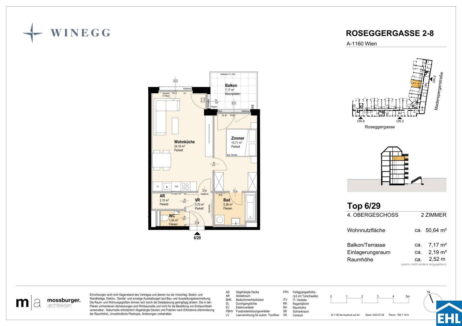 Grundriss einer 2-Zimmer-Wohnung im 4. Obergeschoss mit Balkon und Badewanne.