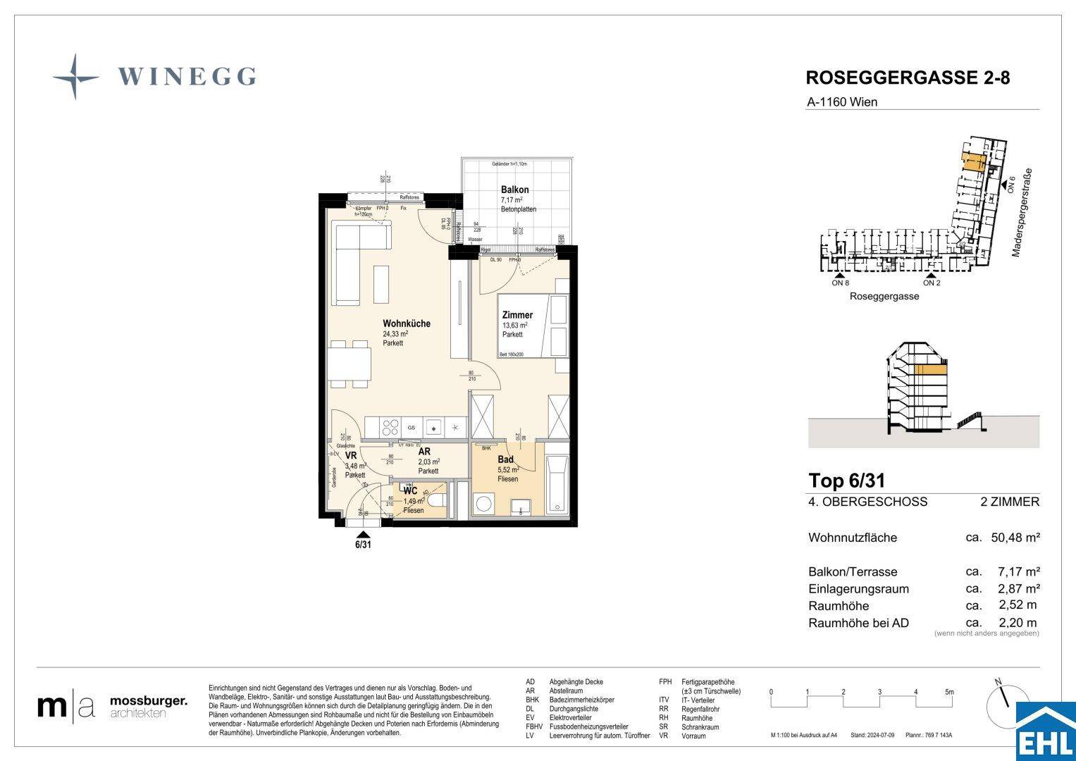 Detaillierter Grundriss einer 2-Zimmer-Wohnung im 4. Obergeschoss mit Balkon und Terrasse.