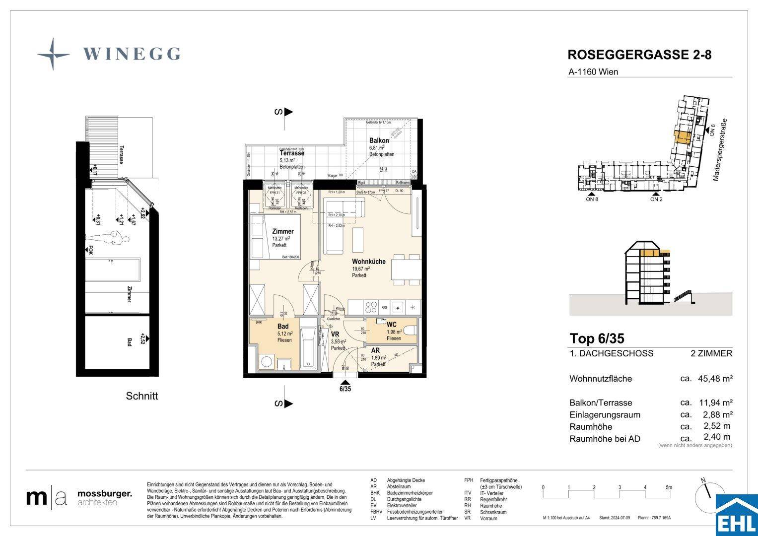 Grundriss einer 2-Zimmer-Wohnung mit offener Wohnküche, Schlafzimmer, Bad, separatem WC, Terrasse und Balkon.