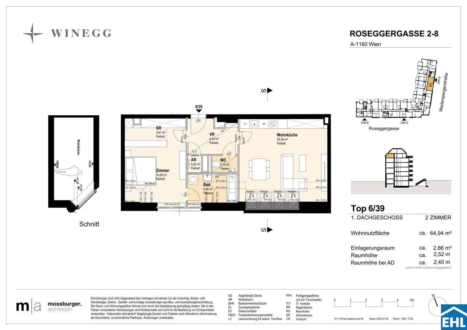 Grundriss einer modernen 2-Zimmer-Wohnung mit offener Wohnküche, Balkon, separatem WC und begehbarem Kleiderschrank.