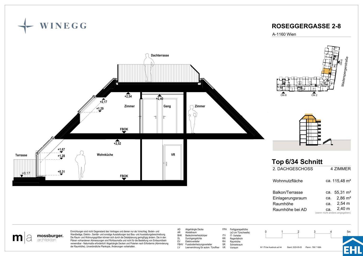 Vertikalschnitt des Dachgeschosses mit Wohnküche, Zimmern und der Dachterrasse.