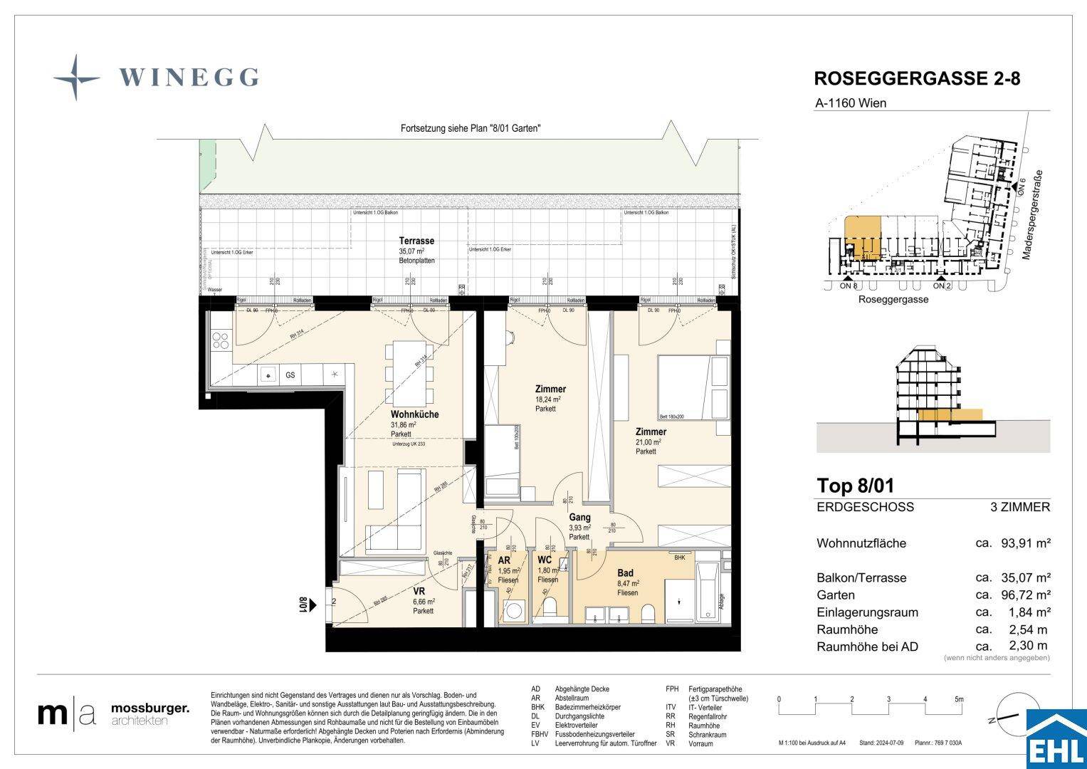 Grundriss einer 3-Zimmer-Wohnung mit offener Wohnküche, zwei Schlafzimmern, Bad und großer Terrasse.