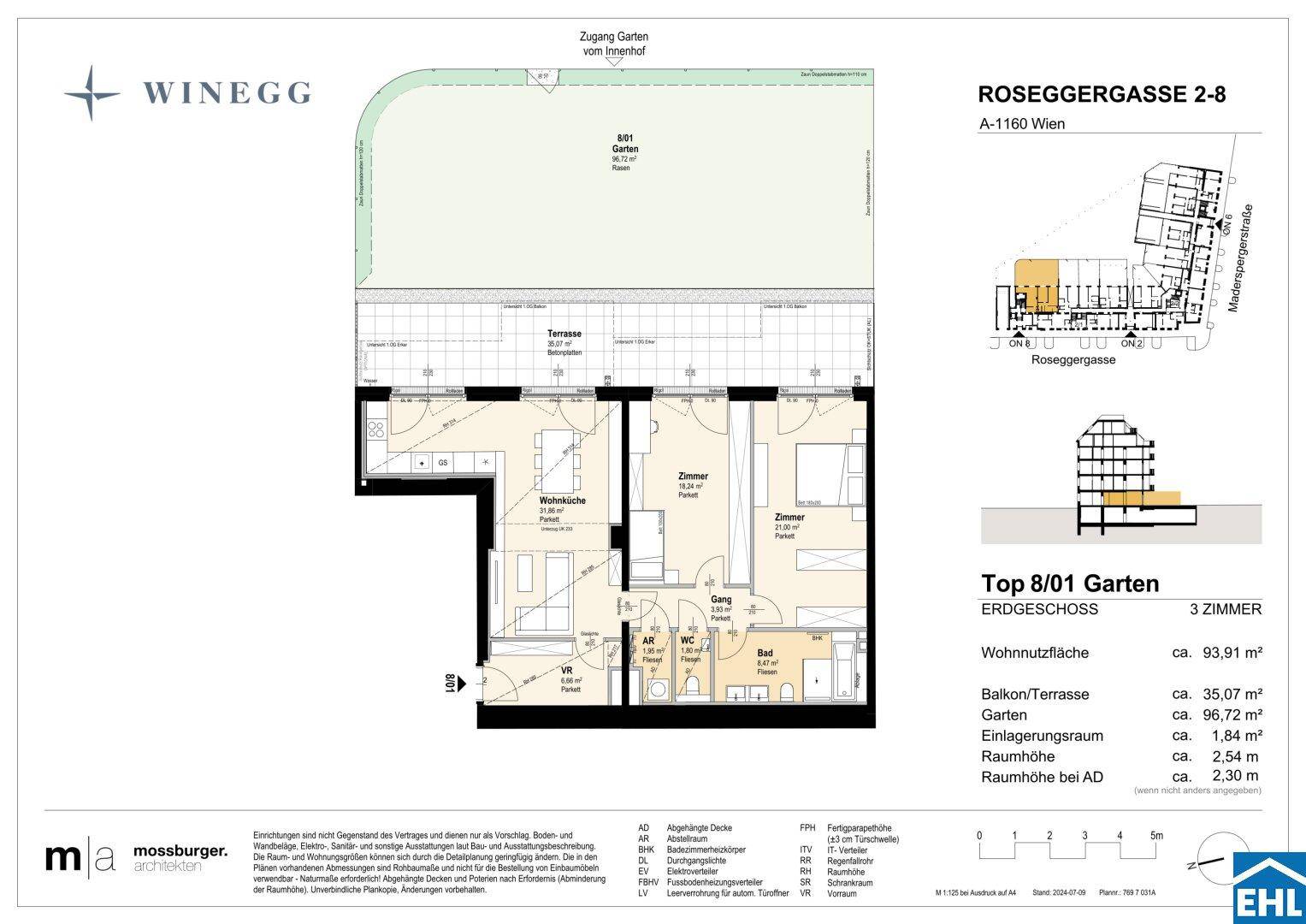 Grundriss einer 3-Zimmer-Wohnung mit offener Wohnküche, Terrasse und großem Gartenanteil.