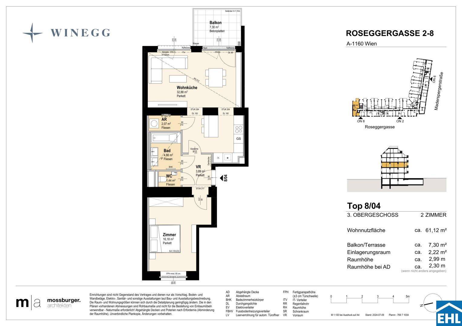 Grundriss einer 2-Zimmer-Wohnung mit offener Wohnküche, Schlafzimmer, Bad, separatem WC und Balkon.