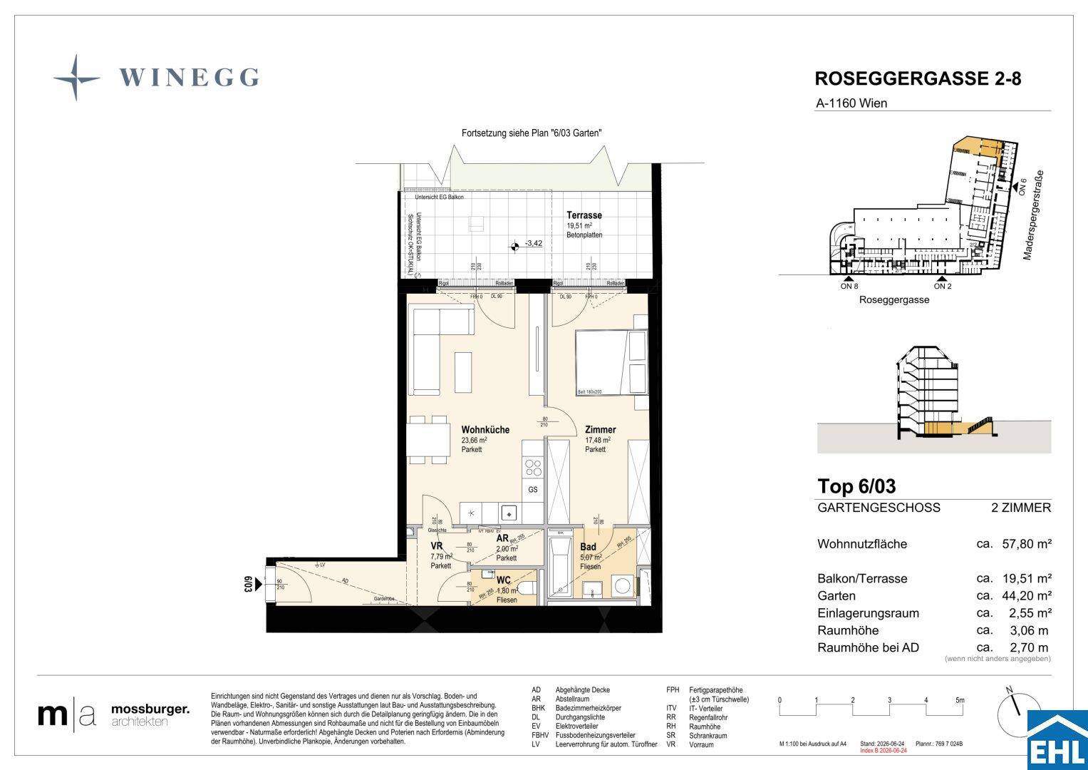 Grundriss einer 2-Zimmer-Wohnung im Gartengeschoss mit offener Wohnküche, Schlafzimmer, Bad, separatem WC und Terrasse.
