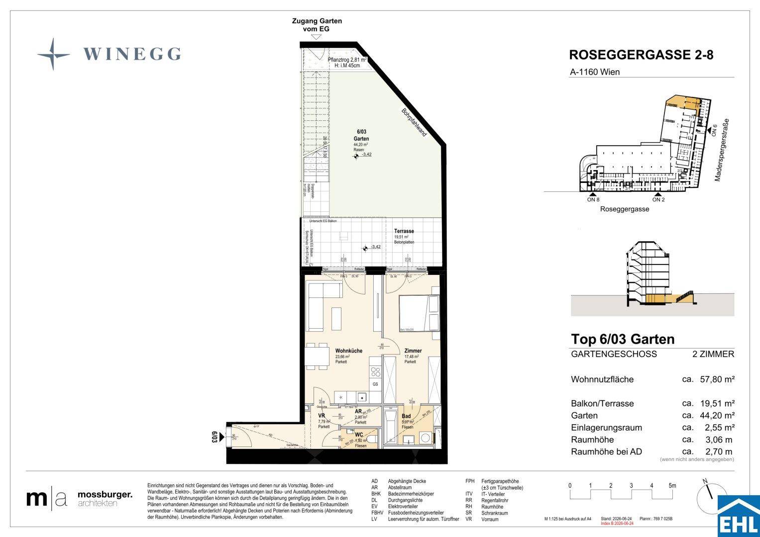 Grundriss einer 2-Zimmer-Wohnung im Gartengeschoss mit offener Wohnküche, Schlafzimmer, Bad, separatem WC und großem Garten.