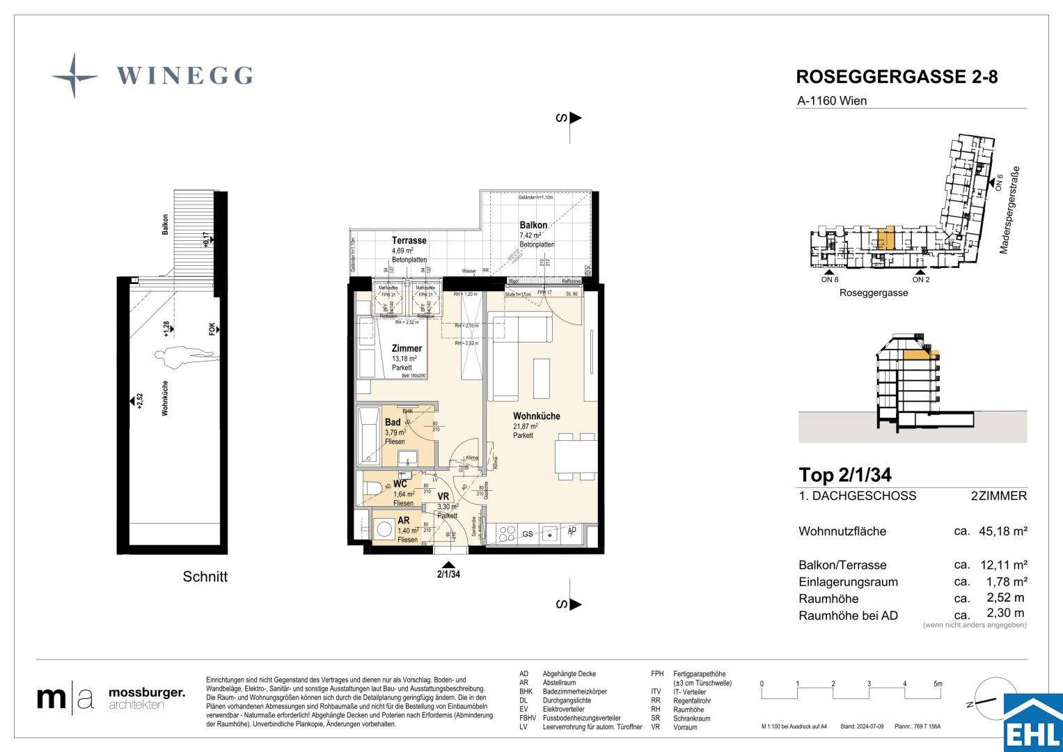 Grundriss einer 2-Zimmer-Wohnung im Dachgeschoss mit offener Wohnküche, Schlafzimmer, Bad, separatem WC, Terrasse und Balkon.