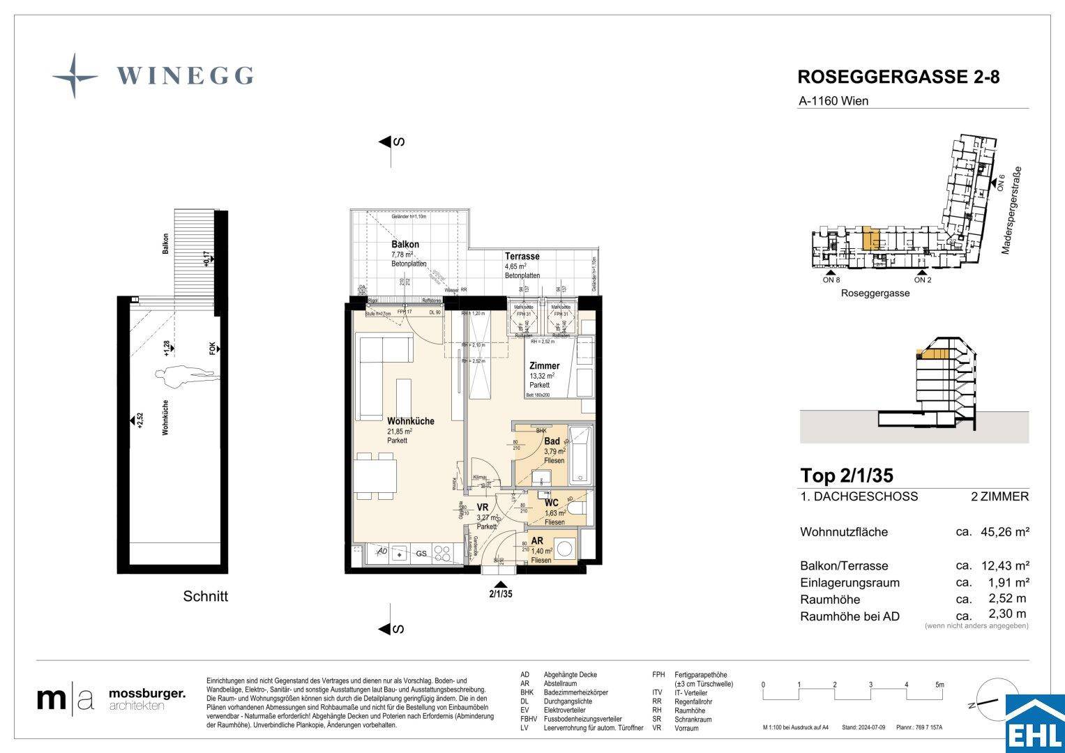 Detaillierter Grundriss einer 2-Zimmer-Wohnung mit offener Wohnküche, Balkon, Terrasse und funktionaler Raumaufteilung.