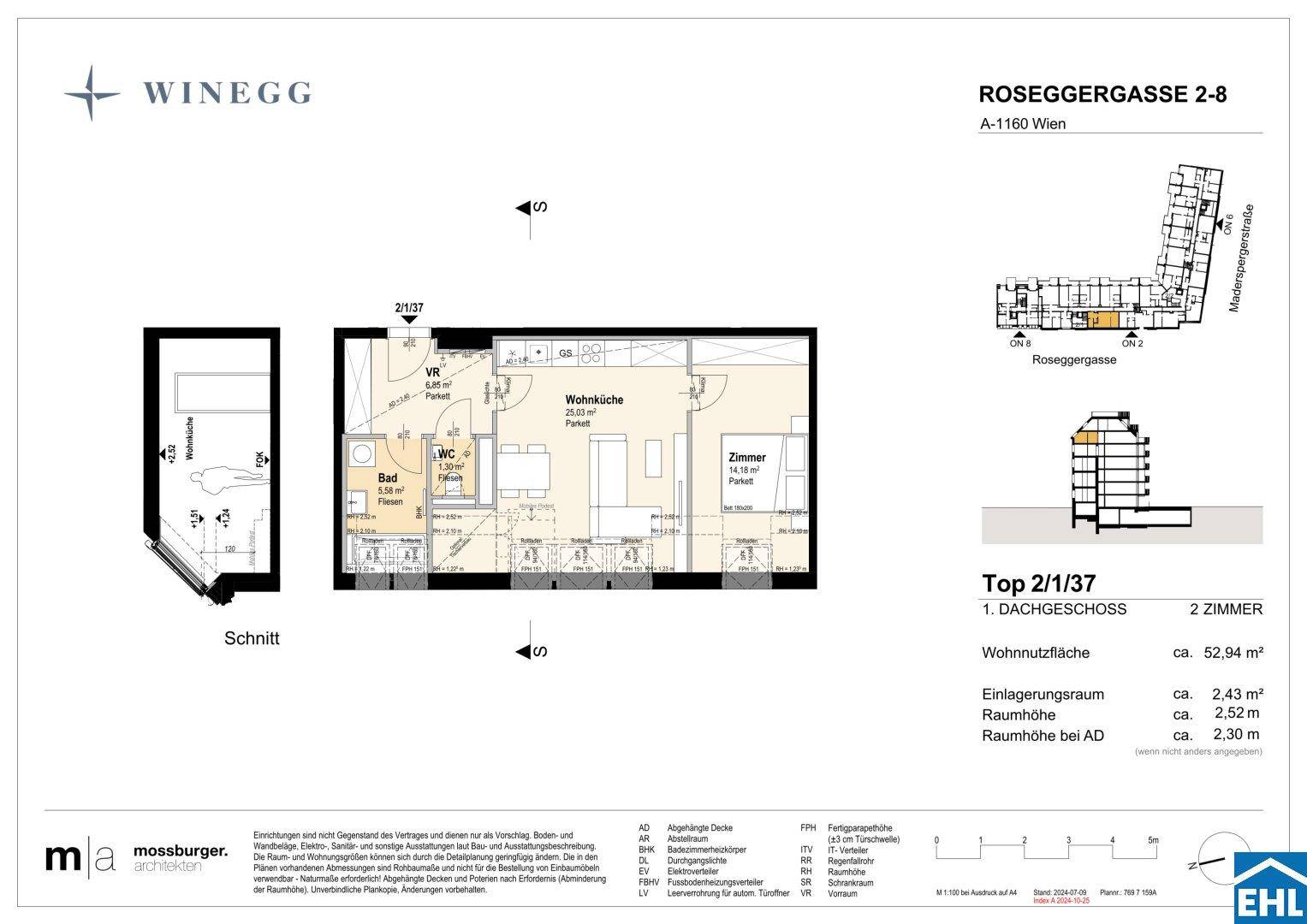 Grundriss einer Dachgeschosswohnung mit offener Wohnküche, Balkon und separatem WC.