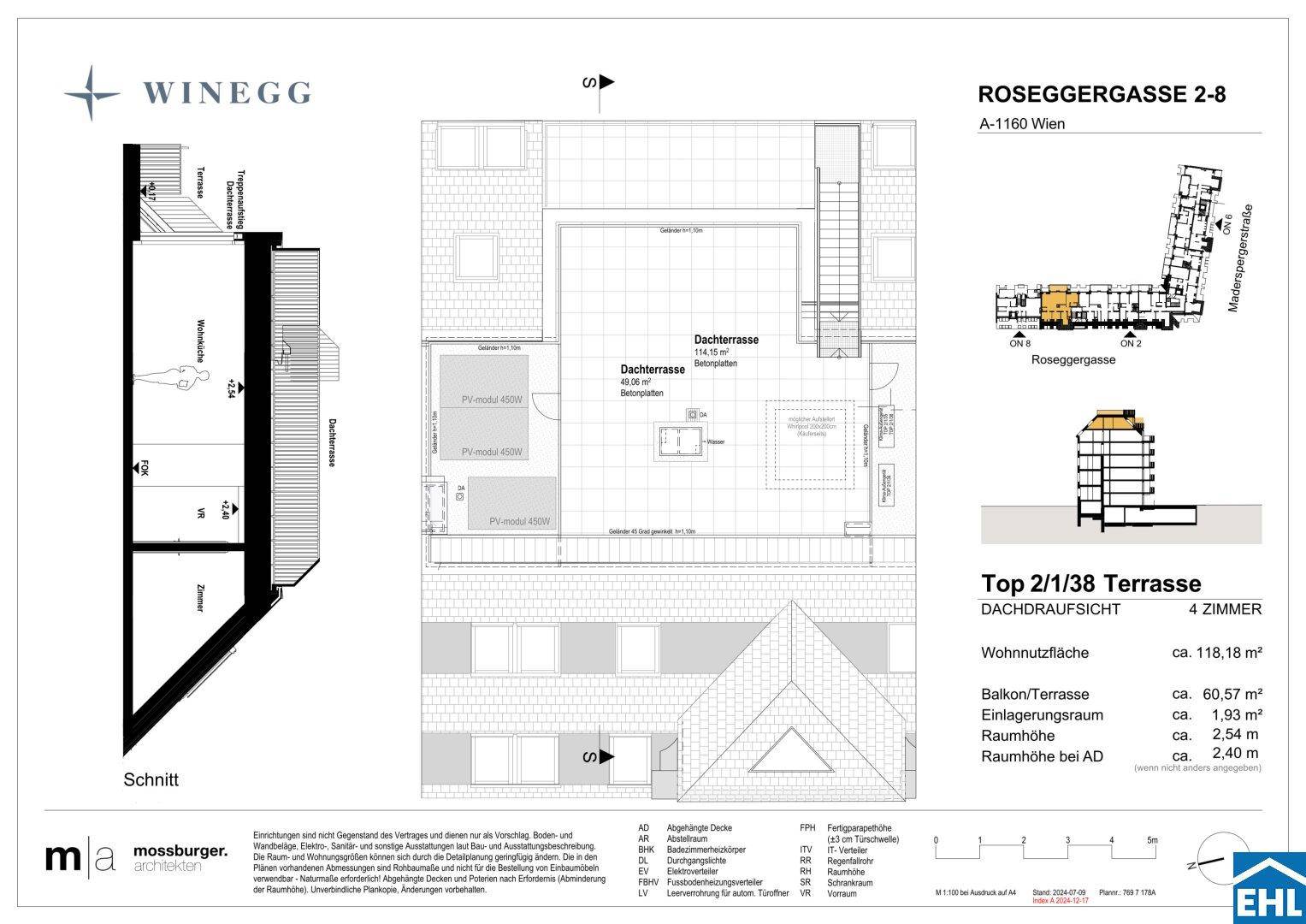 Dachaufsicht einer Wohnung mit großer Dachterrasse und eingezeichneten Photovoltaik-Anlagen.