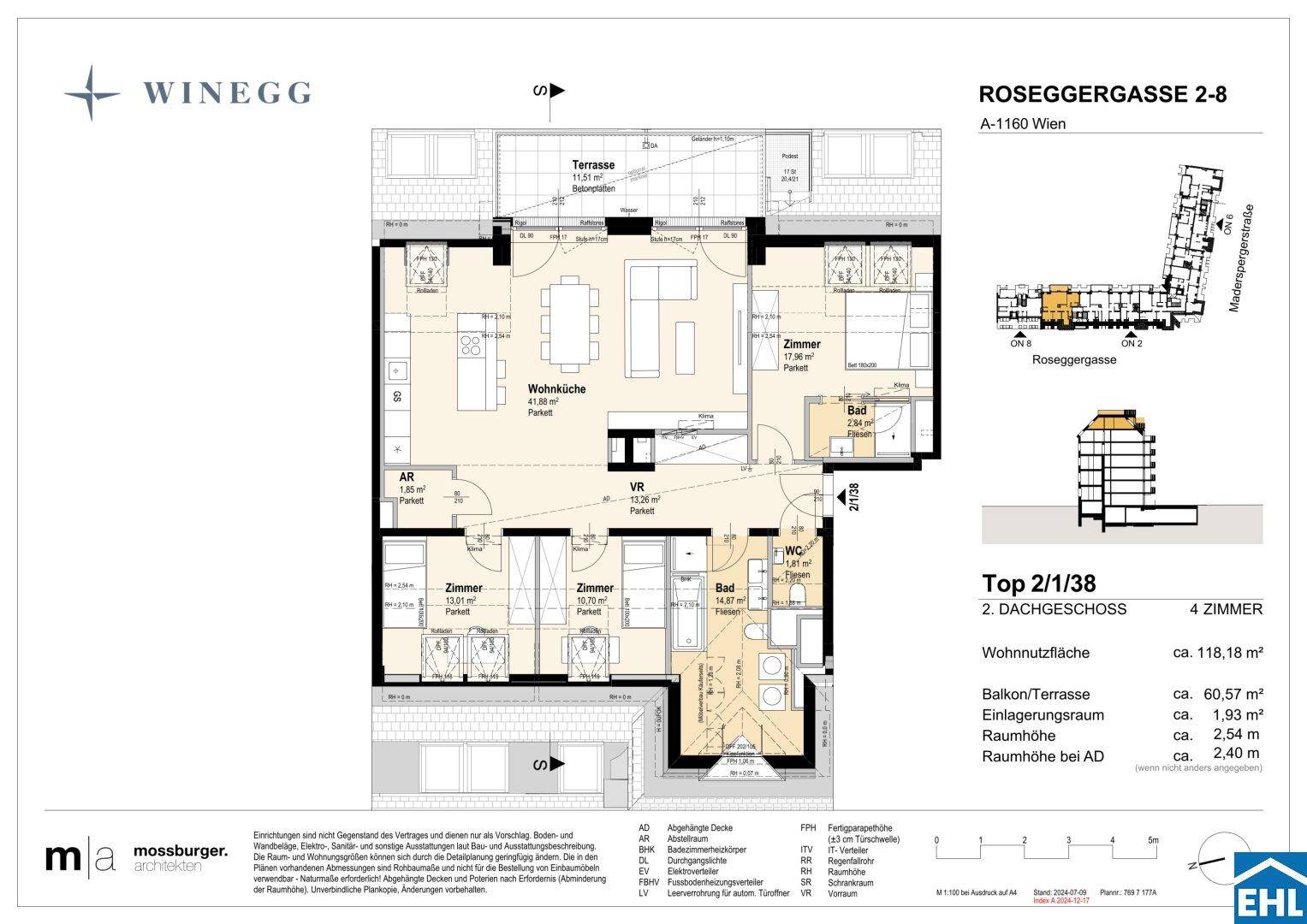 Grundriss einer 4-Zimmer-Wohnung im Dachgeschoss mit offener Wohnküche, zwei Bädern und Terrasse.