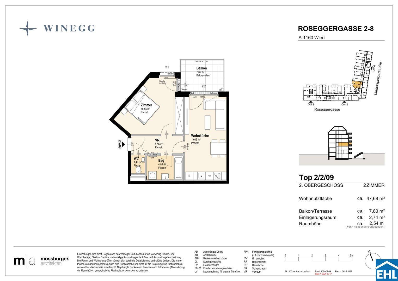 Detaillierter Grundrissplan einer Zweizimmerwohnung mit Balkon, offener Wohnküche und separatem Gäste-WC.