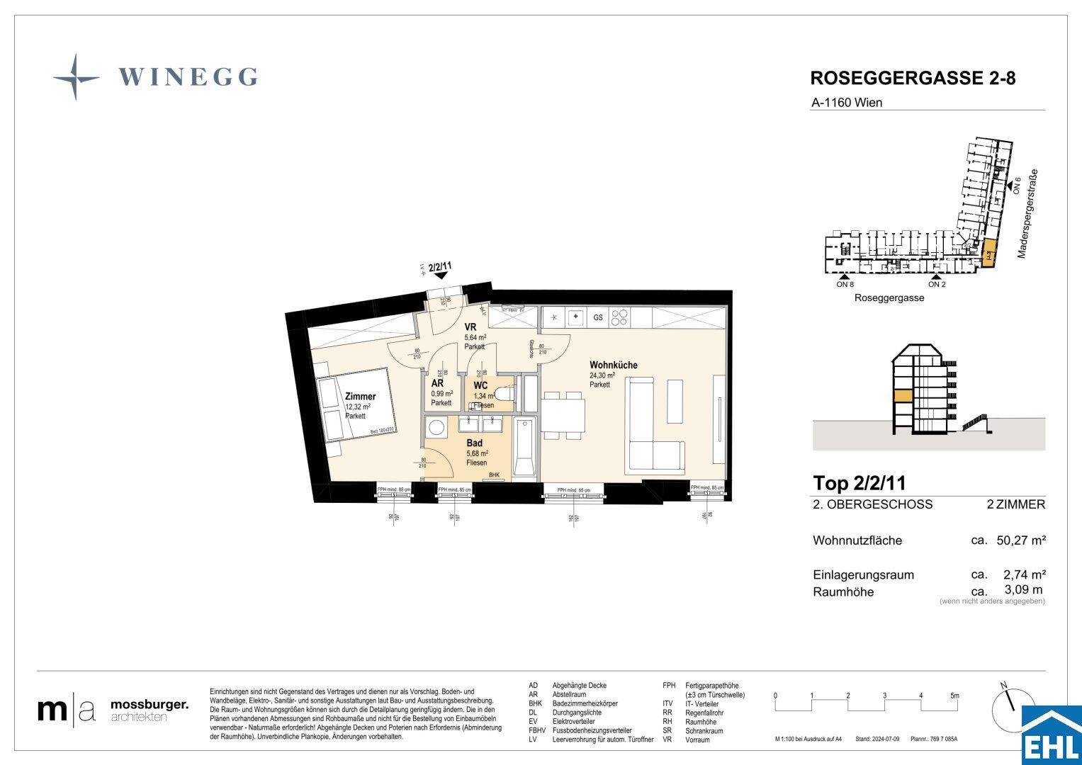 Grundriss einer Zweizimmerwohnung mit offener Wohnküche, einem Schlafzimmer, Badezimmer und separatem WC.