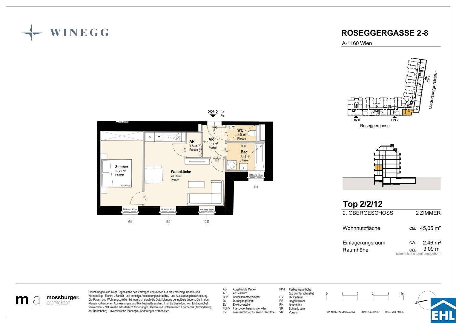 Grundriss einer Zweizimmerwohnung mit offener Wohnküche, separatem Schlafzimmer und Badezimmer mit Badewanne.