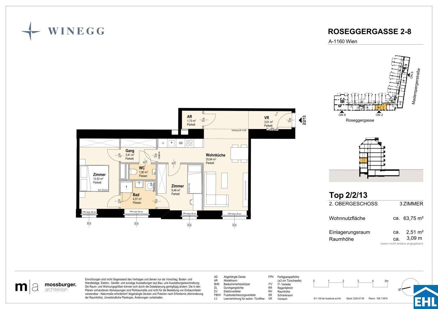 Grundriss einer modernen 3-Zimmer-Wohnung mit offener Wohnküche, zwei Schlafzimmern und separatem WC.