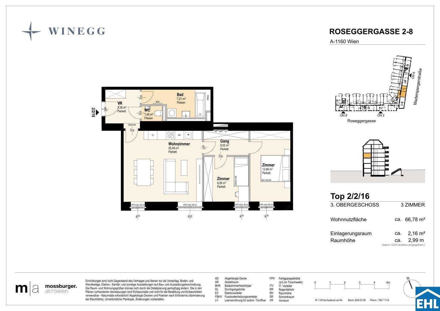 Grundriss einer 3-Zimmer-Wohnung im dritten Obergeschoss mit offenem Wohnbereich, zwei Schlafzimmern und separatem WC.