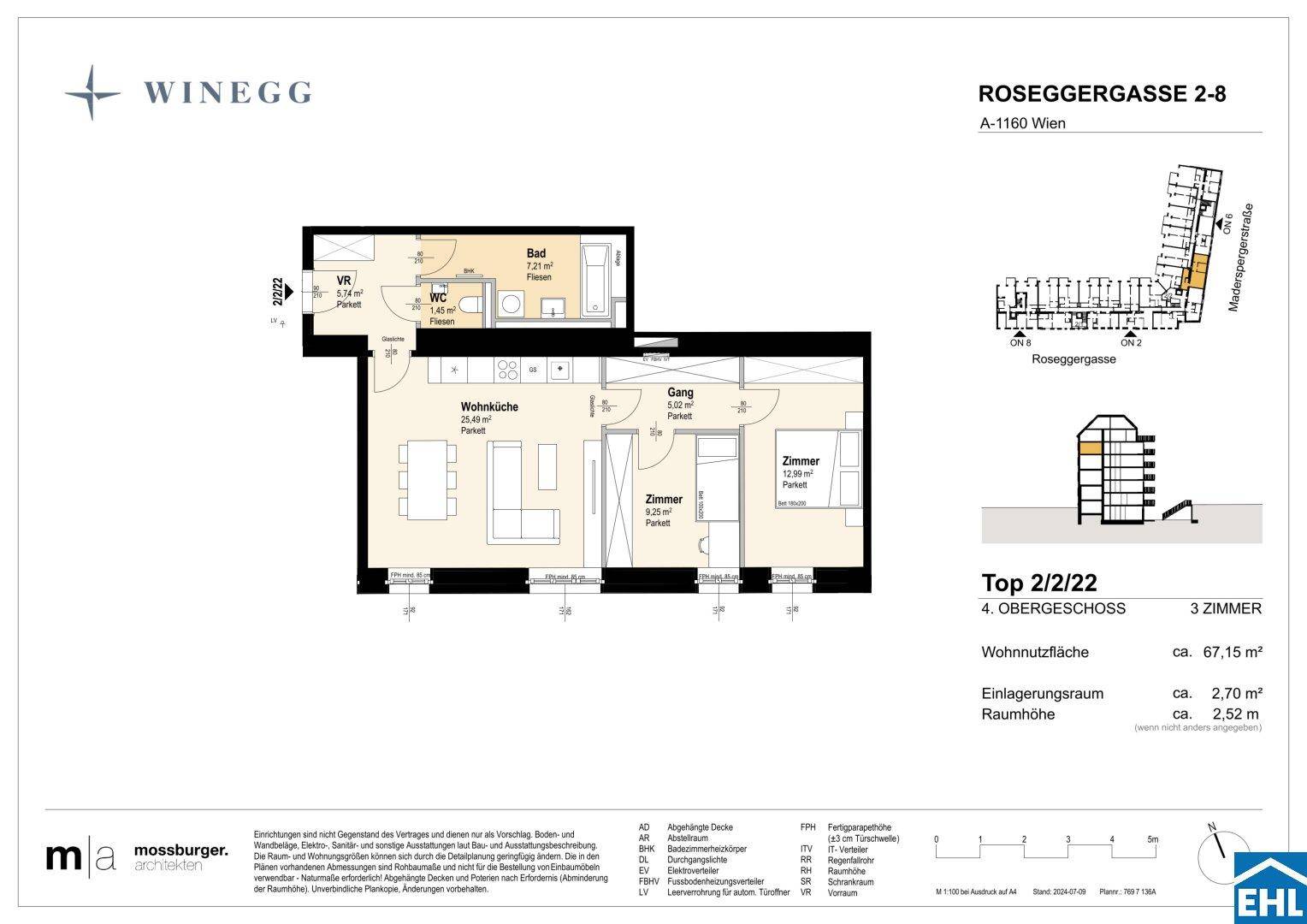 Detaillierter Grundriss einer modernen 3-Zimmer-Wohnung mit offener Wohnküche, Bad und separatem Gäste-WC.