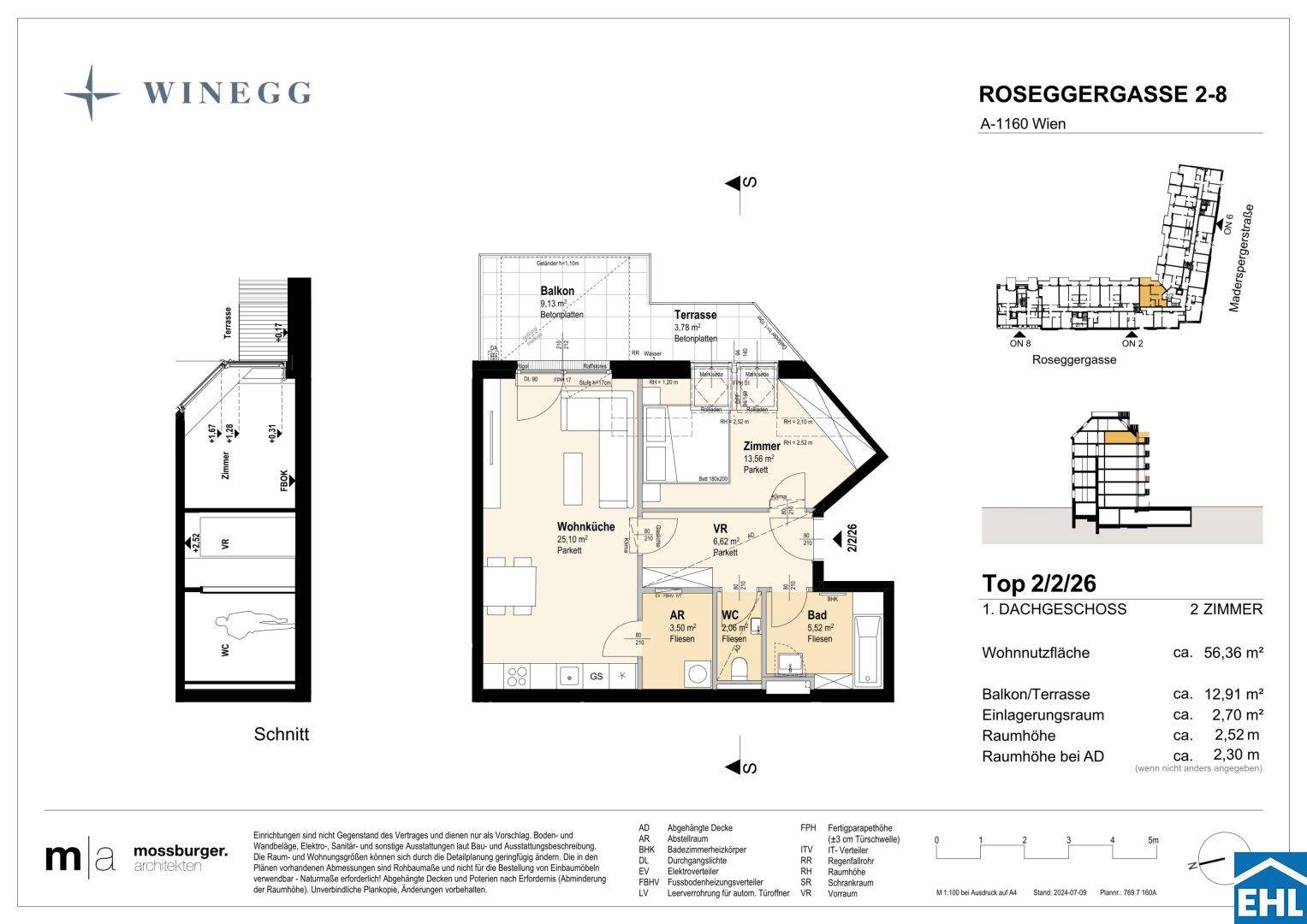 Grundriss einer 2-Zimmer-Dachgeschosswohnung mit offener Wohnküche, Balkon, Terrasse und separatem WC.
