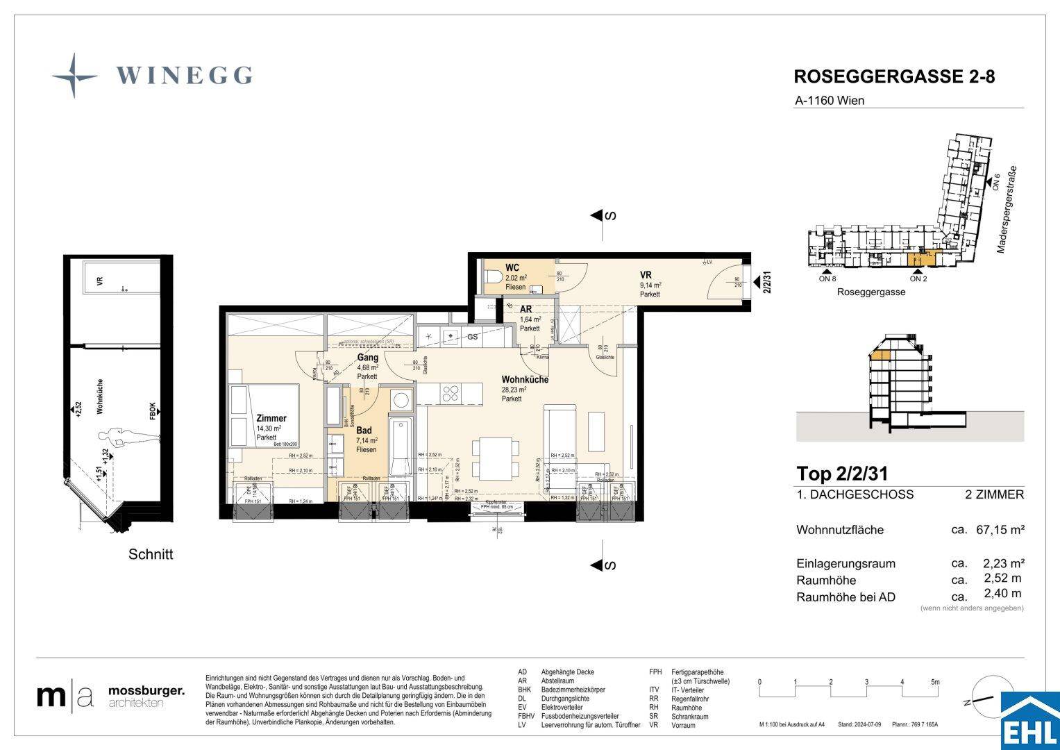 Grundriss einer Dachgeschosswohnung mit offener Wohnküche, Schlafzimmer, Bad, separatem WC und Balkon.