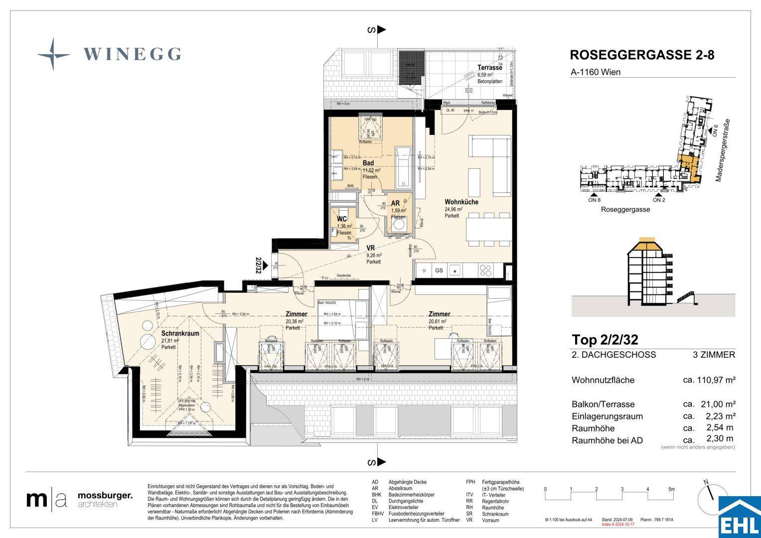 Grundriss einer 3-Zimmer-Wohnung im Dachgeschoss mit großer Terrasse und Balkon.