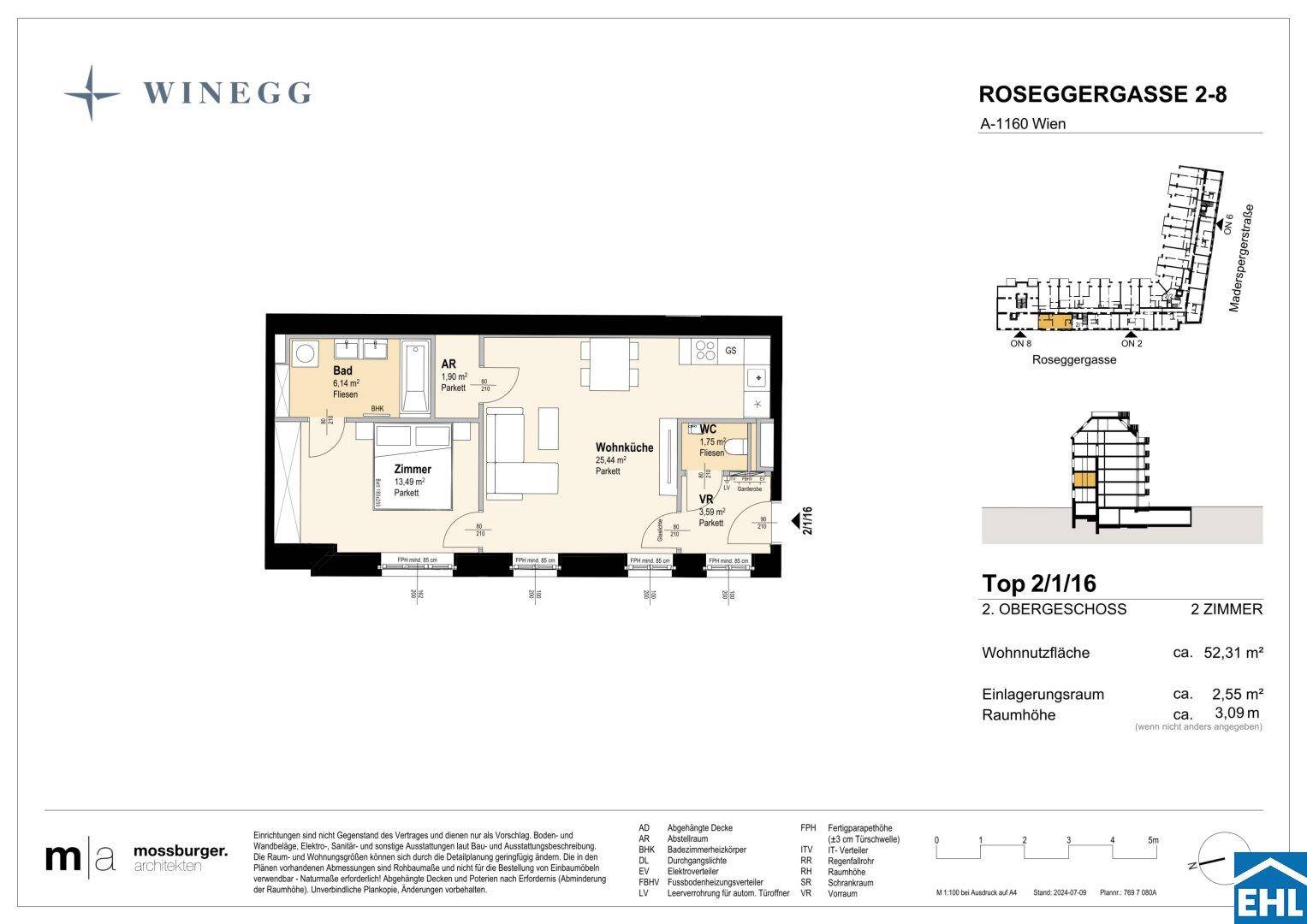 Grundriss einer 2-Zimmer-Wohnung mit offener Wohnküche, separatem Schlafzimmer, Bad und Gäste-WC. Die Raumhöhe beträgt 3,09 m.