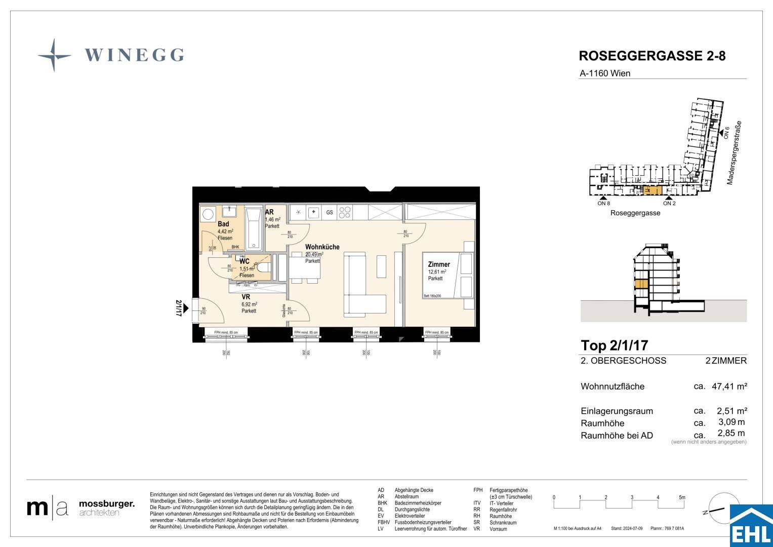 Grundriss einer 2-Zimmer-Wohnung im zweiten Obergeschoss mit offener Wohnküche, Schlafzimmer, Bad und separatem WC.
