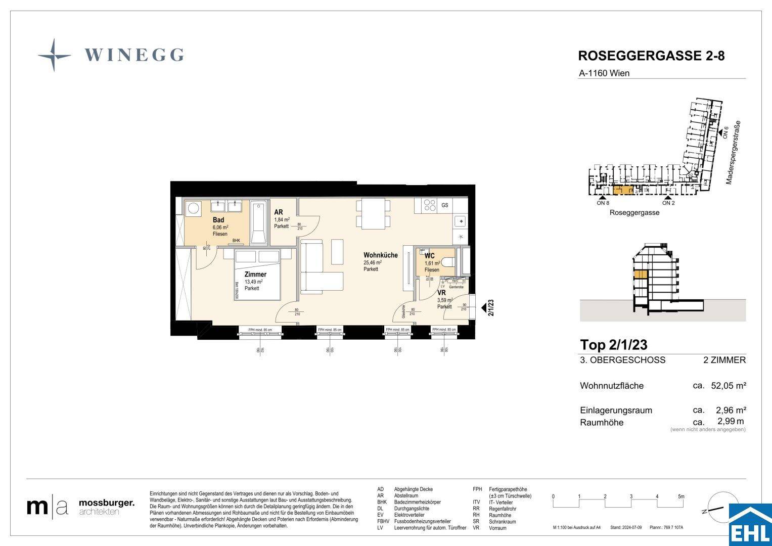 Grundriss einer 2-Zimmer-Wohnung mit offener Wohnküche, einem Schlafzimmer, Bad und separatem WC.