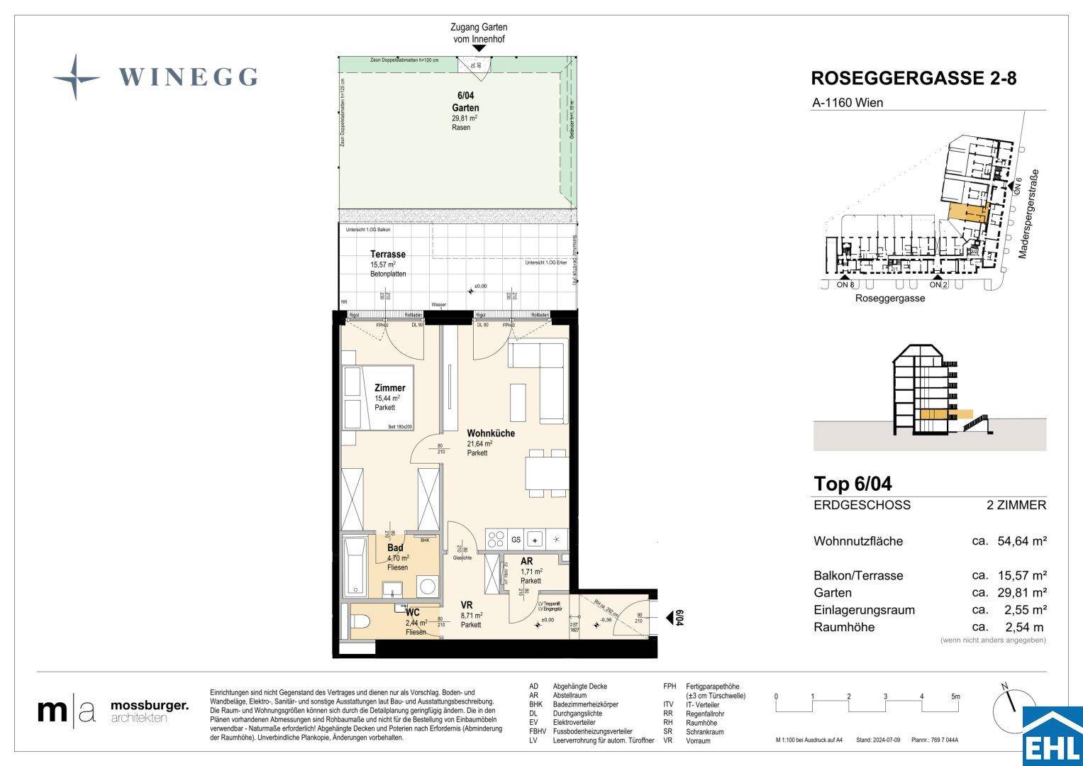 Grundriss einer Erdgeschosswohnung mit offener Wohnküche, Schlafzimmer, Bad, separatem WC, Terrasse und Garten.