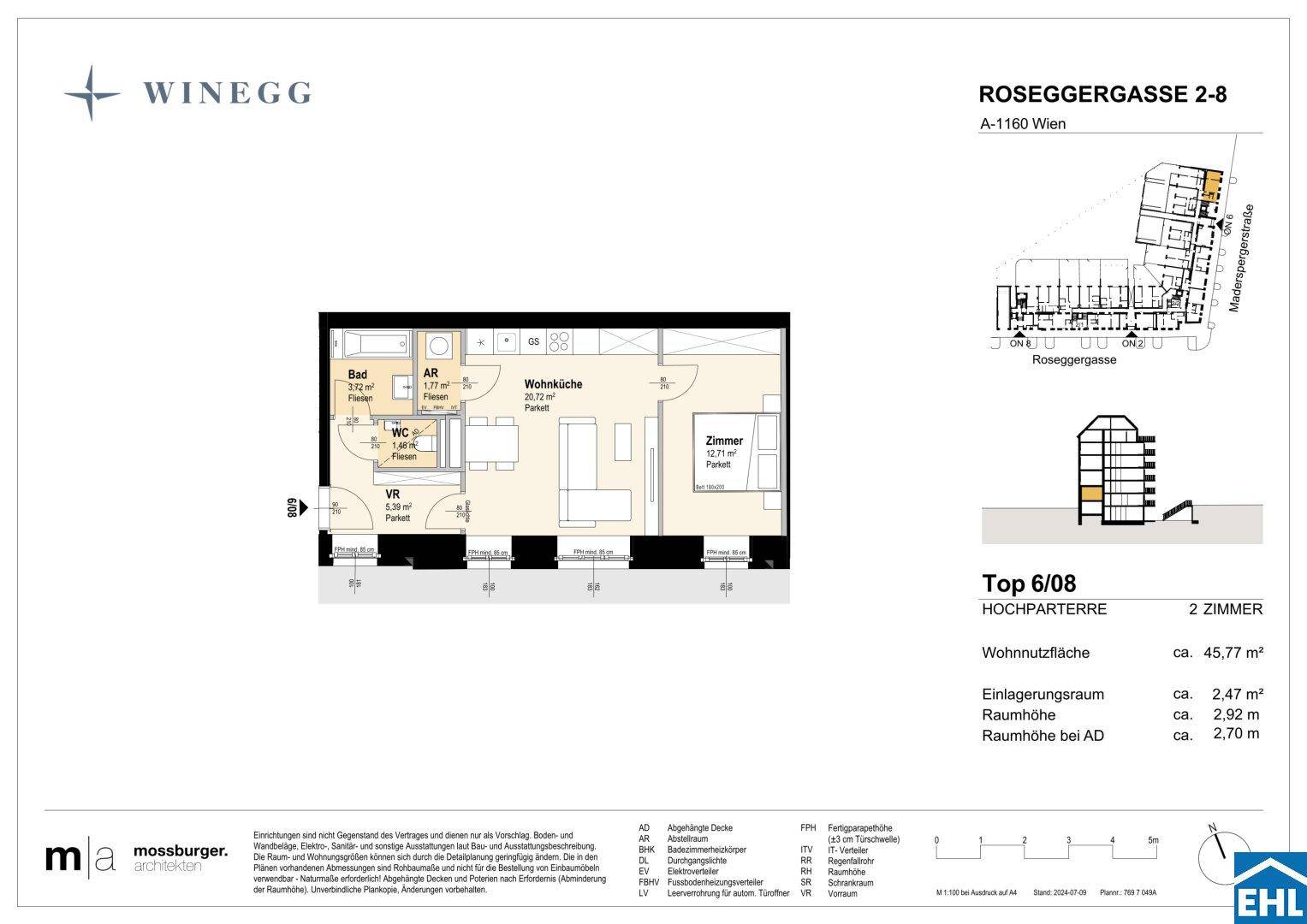 Grundriss einer 2-Zimmer-Wohnung mit offener Wohnküche, separatem Schlafzimmer und Bad mit Badewanne.