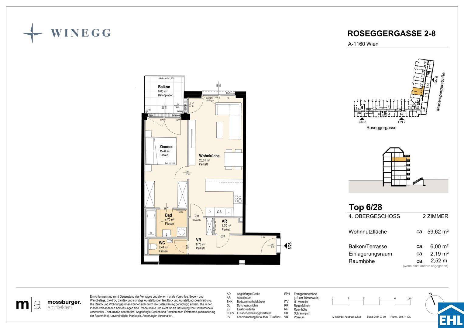 Grundriss einer 2-Zimmer-Wohnung mit offener Wohnküche, Schlafzimmer, Bad, separatem WC und Balkon.