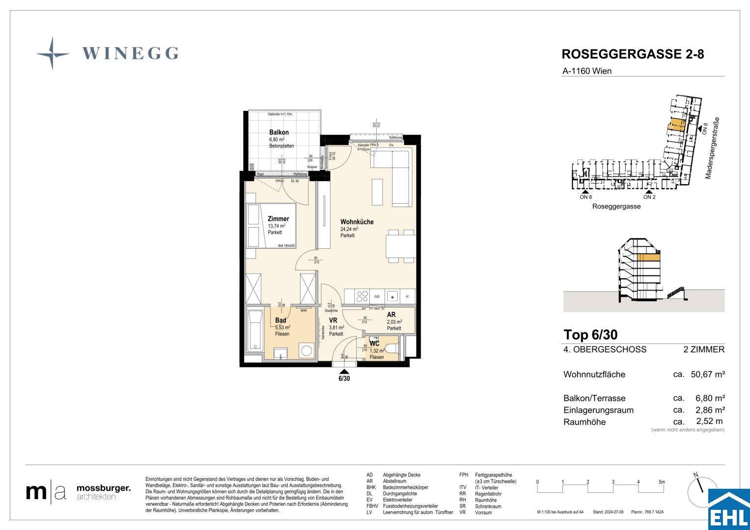 Grundriss einer 2-Zimmer-Wohnung mit offener Wohnküche, Schlafzimmer, Bad, separatem WC und Balkon.