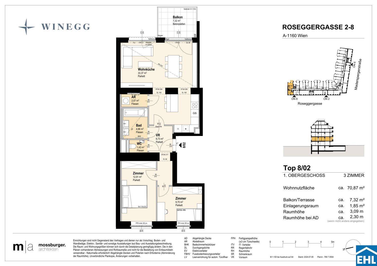 Grundriss einer modernen 3-Zimmer-Wohnung mit offener Wohnküche, Balkon und separatem WC.
