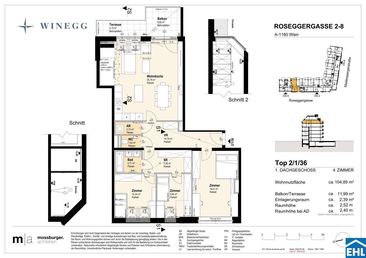 Grundriss einer 4-Zimmer-Dachgeschosswohnung mit offener Wohnküche, Terrasse und Balkon.