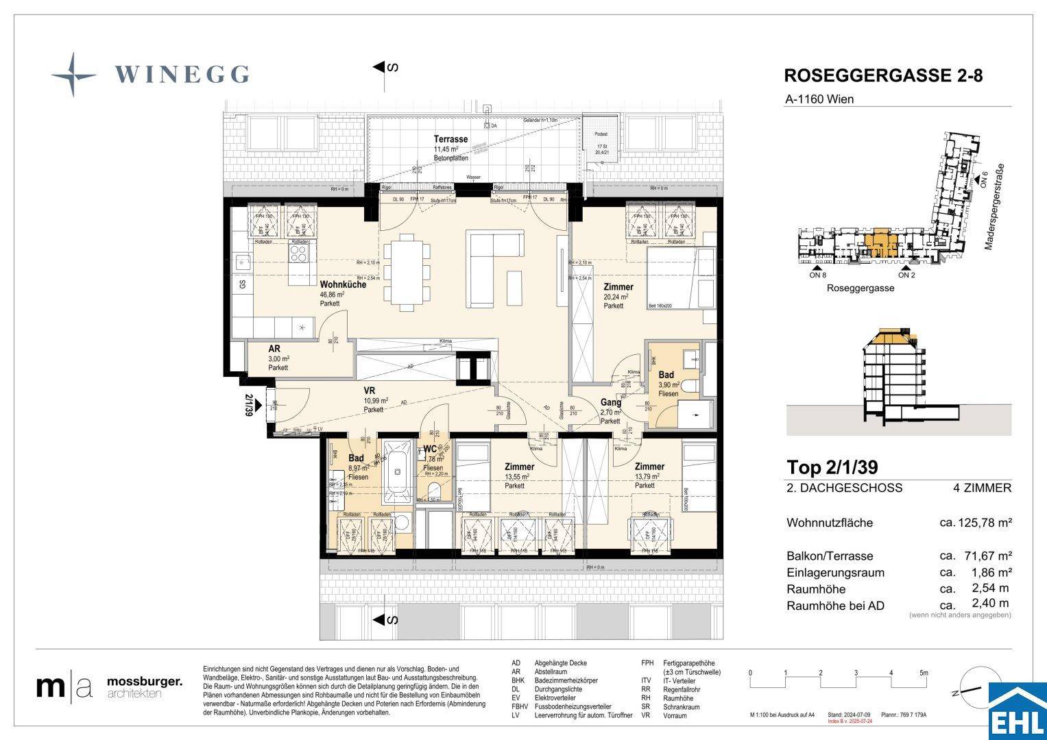 Grundriss einer Dachgeschosswohnung mit offener Wohnküche, mehreren Zimmern, Bädern und einer großzügigen Terrasse.
