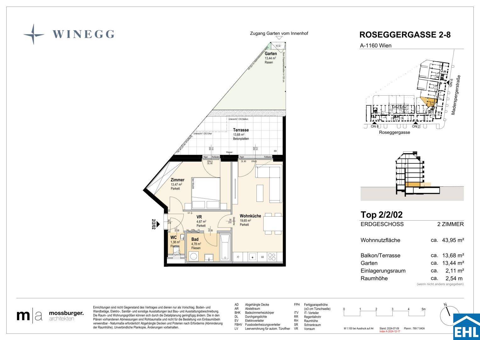 Grundriss einer Erdgeschosswohnung mit einem Schlafzimmer, offener Wohnküche, Bad, separatem WC, Terrasse und Garten.