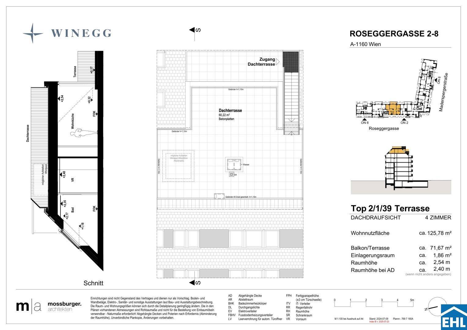 Dachaufsicht und Schnitt einer Dachgeschosswohnung, die eine große Dachterrasse und den vertikalen Aufbau des Gebäudes zeigt.