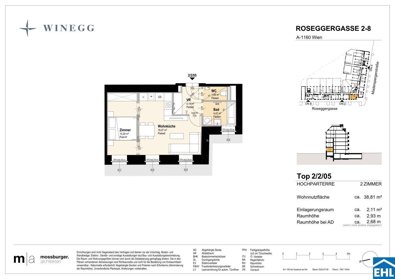 Grundriss einer modernen 2-Zimmer-Wohnung mit offener Wohnküche, Schlafzimmer, Bad und Balkon.