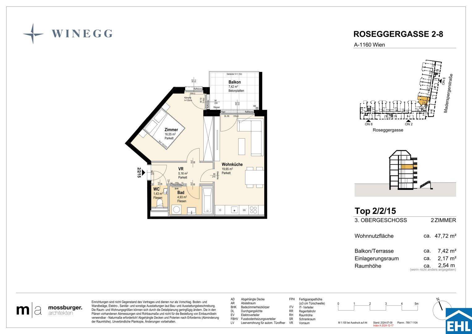 Grundriss einer modernen Wohnung mit einem Schlafzimmer, offener Wohnküche, Bad, separatem WC und Balkon.