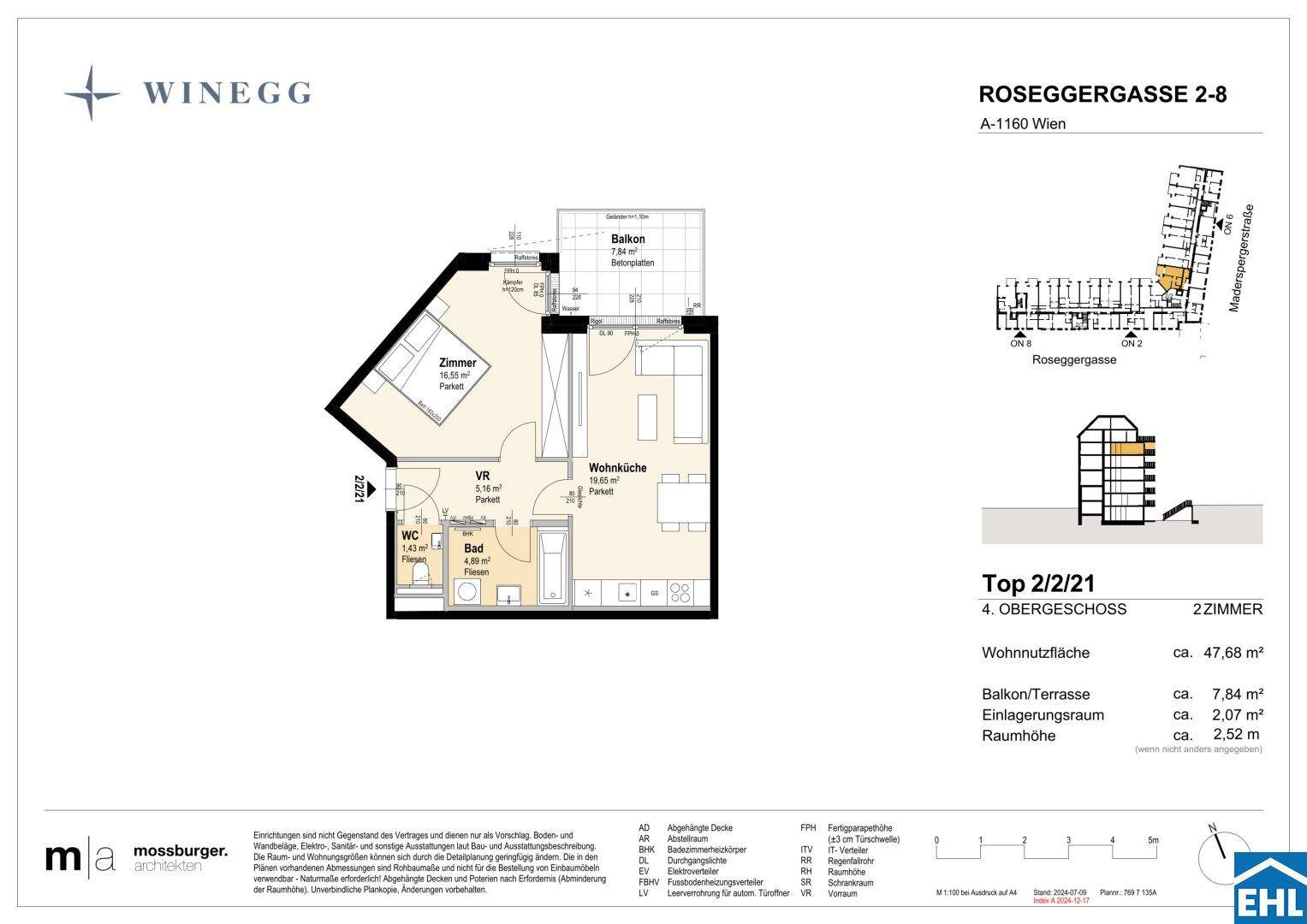 Grundriss einer Zweizimmerwohnung mit offener Wohnküche, separatem Schlafzimmer, Bad, WC und Balkon.