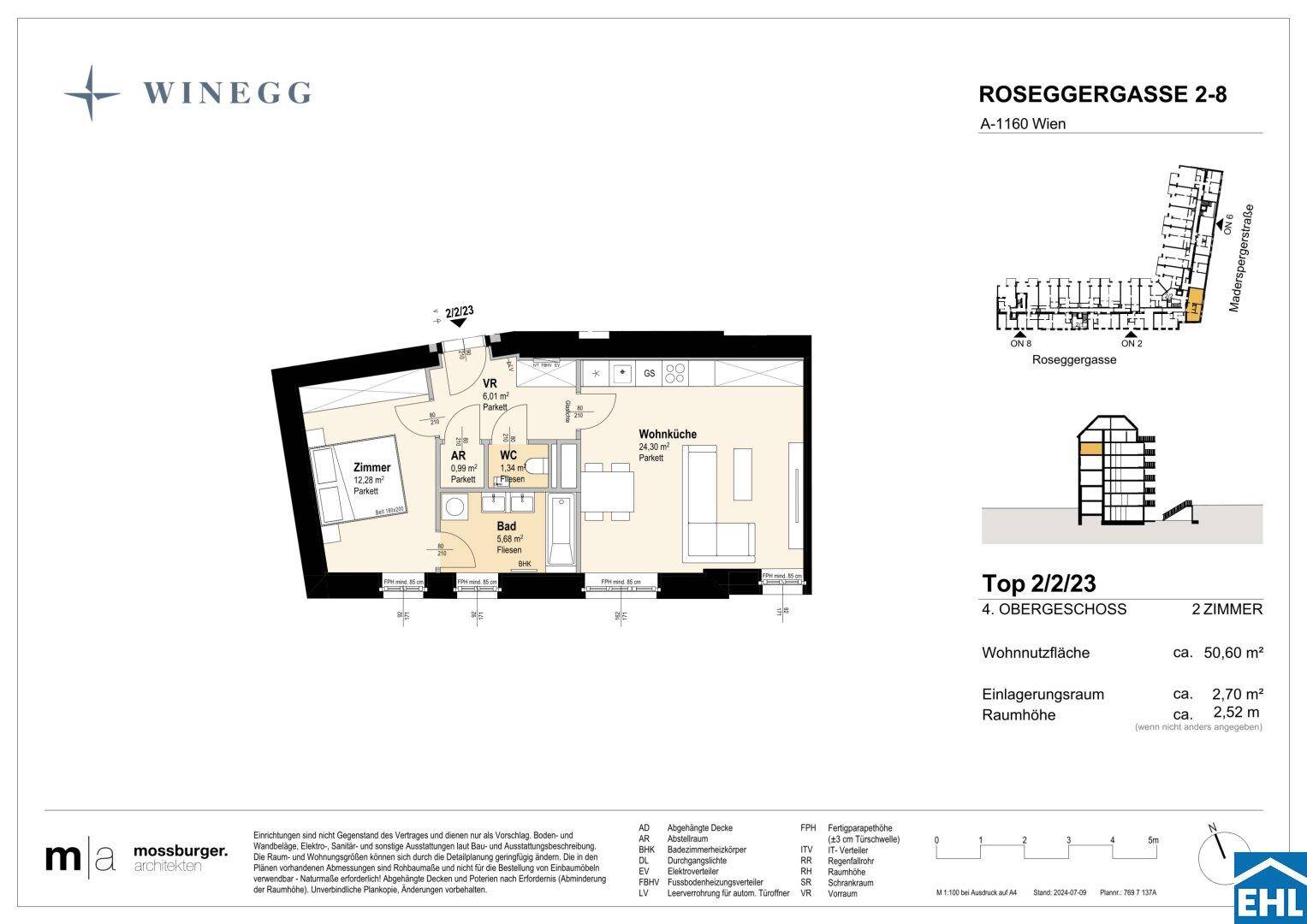 Grundriss einer 2-Zimmer-Wohnung im 4. Obergeschoss mit offener Wohnküche und separatem WC.