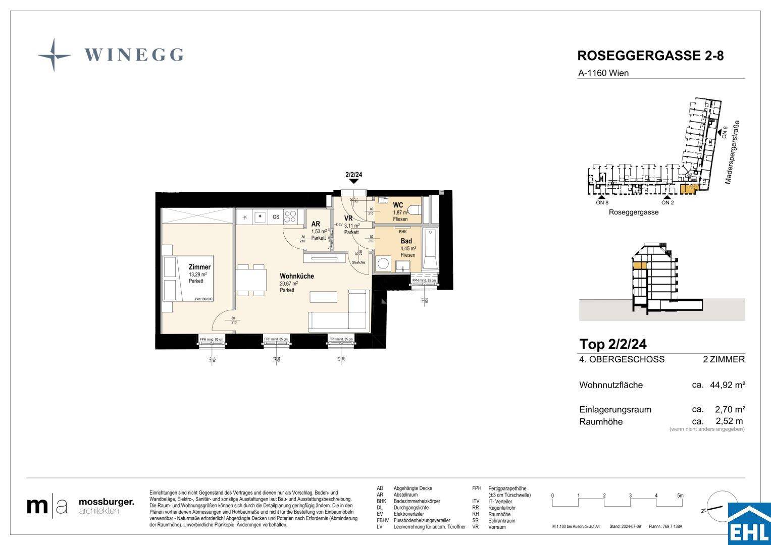 Grundriss einer 2-Zimmer-Wohnung mit offener Wohnküche, separatem WC und Abstellraum.