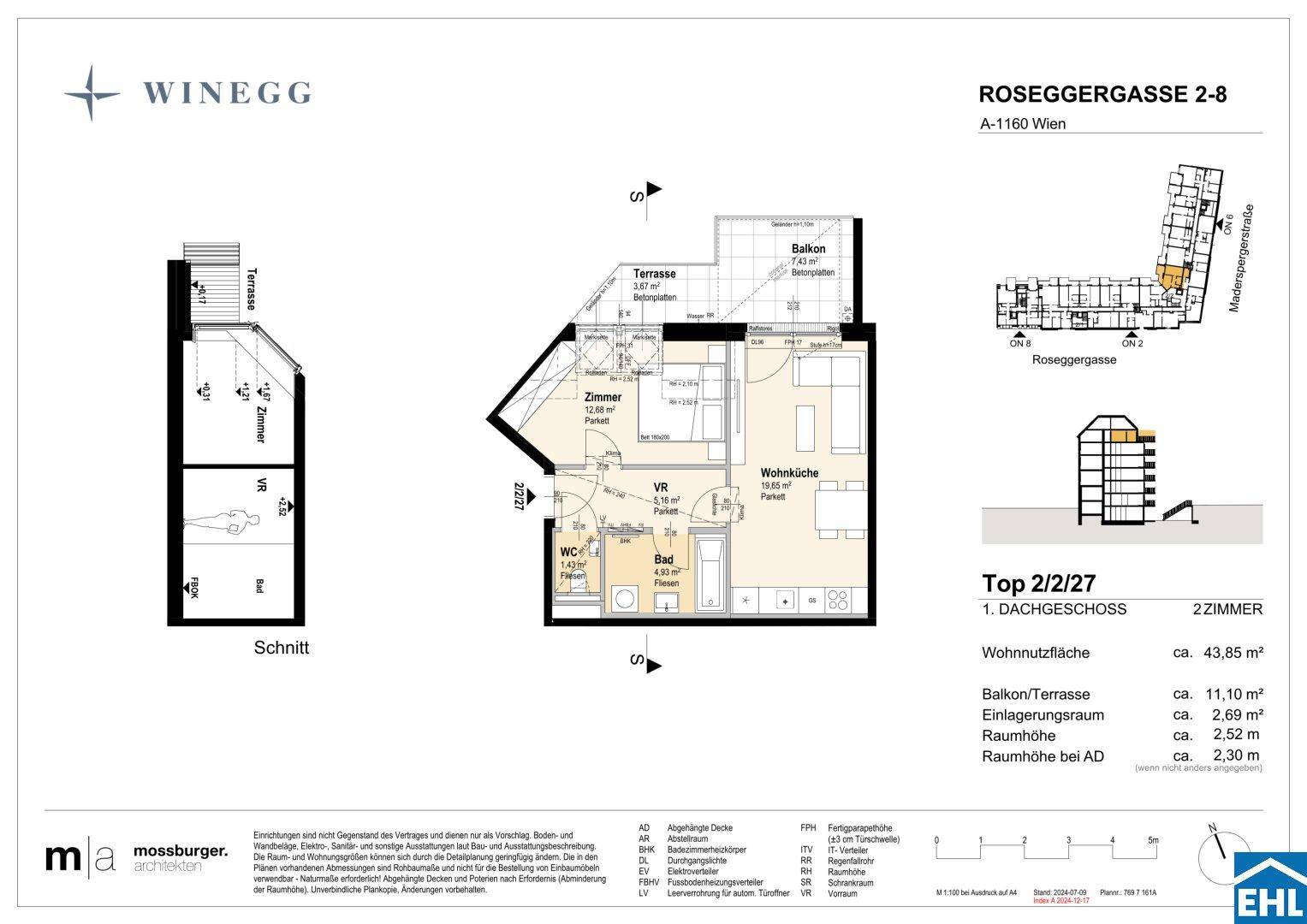 Grundriss einer 2-Zimmer-Wohnung mit offener Wohnküche, separatem WC, Bad, Balkon und Terrasse.