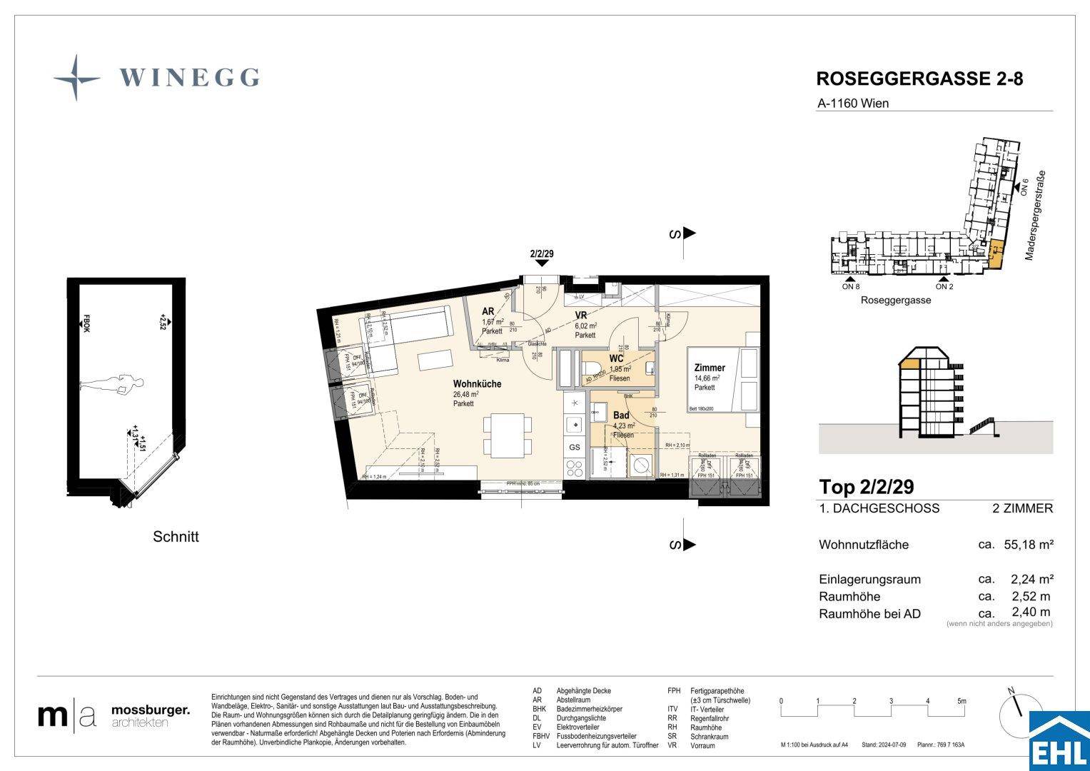 Grundriss einer Dachgeschosswohnung mit offener Wohnküche, einem Schlafzimmer, Bad und separatem WC.