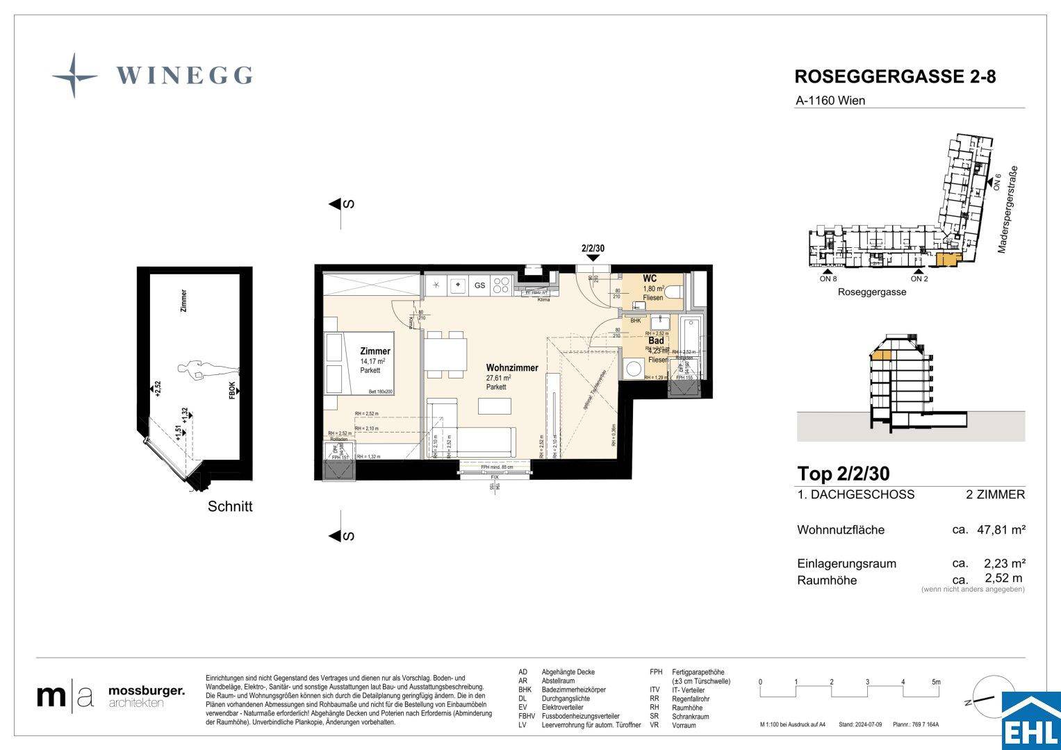 Grundriss einer Dachgeschosswohnung mit offenem Wohnbereich, Schlafzimmer, Bad und separatem WC.