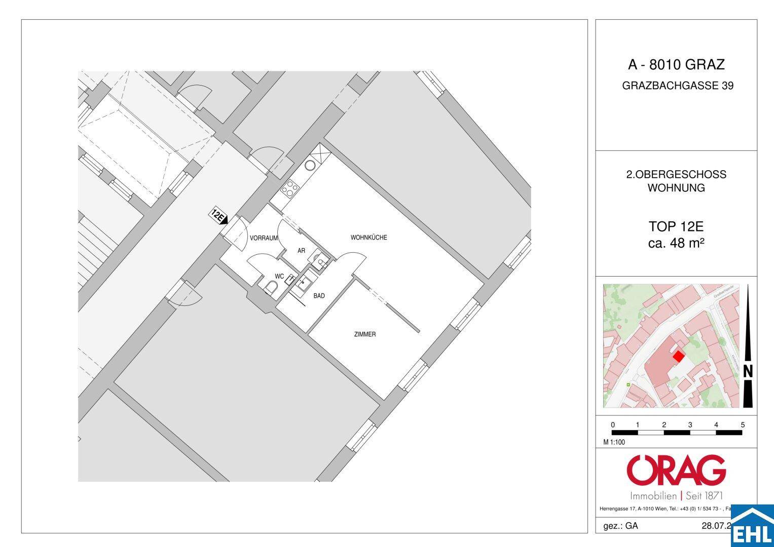 Grundriss der Wohnung Top 12E im 2. Obergeschoss mit Wohnküche, Zimmer, Bad und separatem WC.