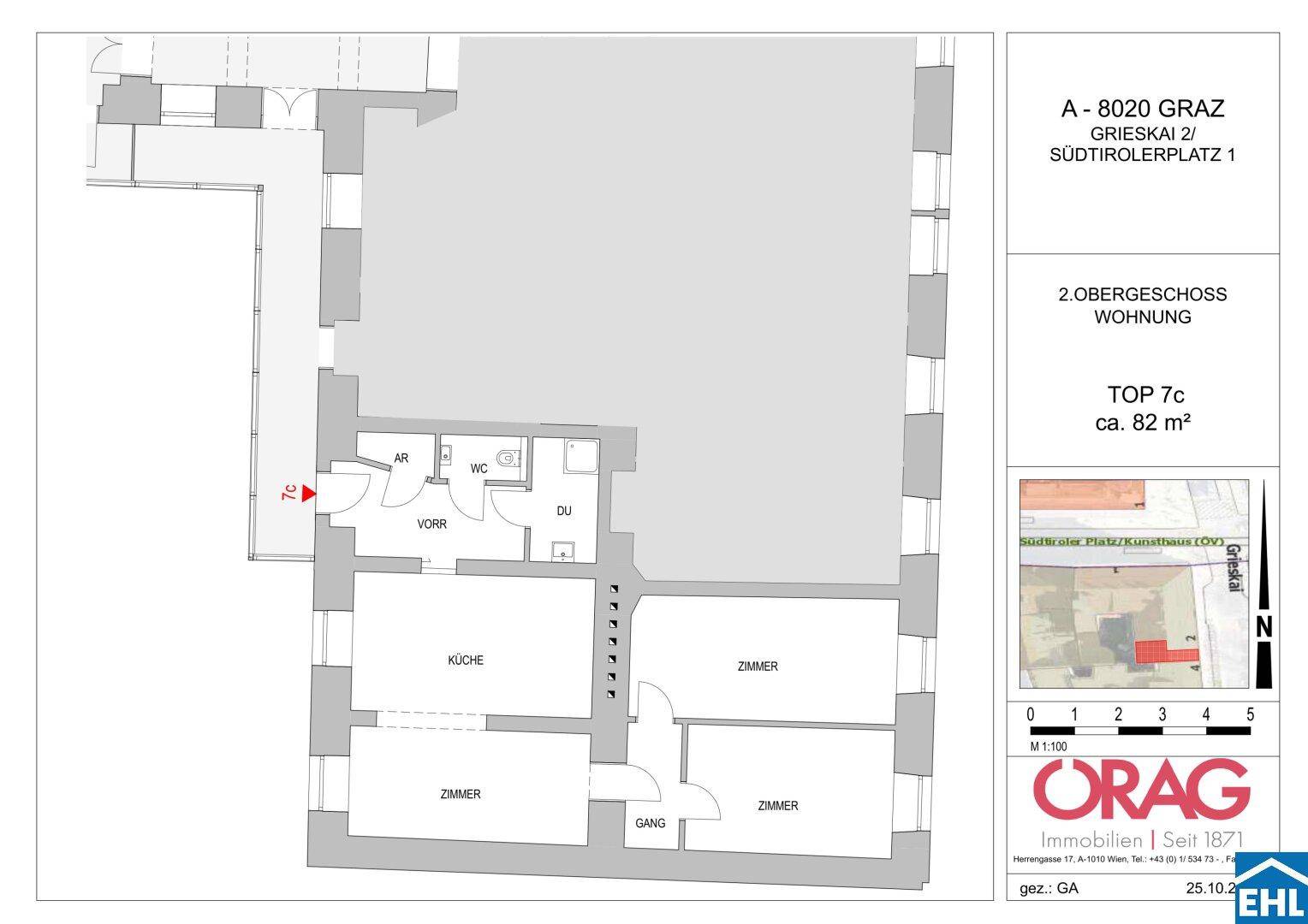Grundriss einer Wohnung im 2. Obergeschoss mit mehreren Zimmern, Küche und Bad auf 82 m².